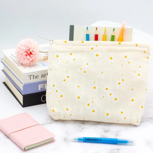 Miniatura 2 de Pazimiik Bolsa de maquillaje floral, grande, de algodón, con cremallera para bolsa de viaje, organizador de maquillaje de lona para mujeres, Algodón