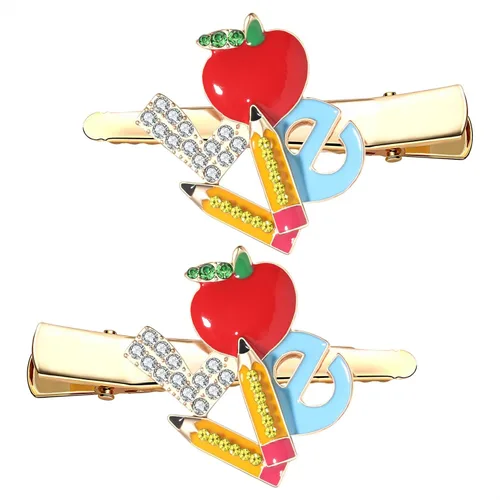 ANGLESJELL Pinzas para el cabello para profesores, lindas horquillas de lápiz de manzana de cristal FRI-YAY Love para mujeres, accesorio para el