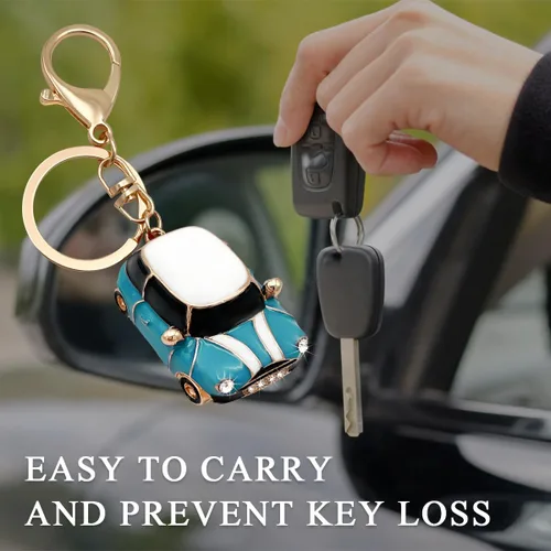 Miniatura 4 de povtii Llavero de Coche, Detalle de Rinstones 3D Modelo de Coche Bonito Llavero, Llavero de Metal Mini Cooper con Anillo, Accesorios para Coche Azul