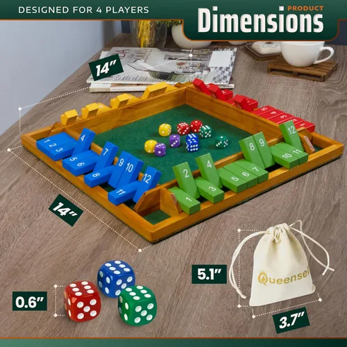 Miniatura 2 de Shut The Box Game Tablero de madera para 4 jugadores, juego de 14 pulgadas, 12 números para adultos y niños, ideal para noche