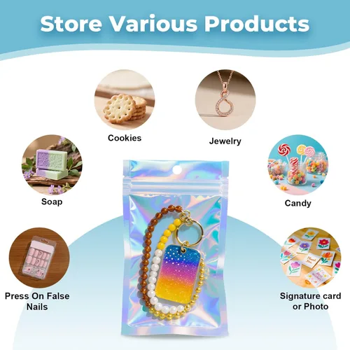 Miniatura 2 de Bolsas holográficas, bolsas resellables a prueba de olores de 3 x 5 pulgadas para alimentos, pequeñas empresas y fiestas (100 unidades)