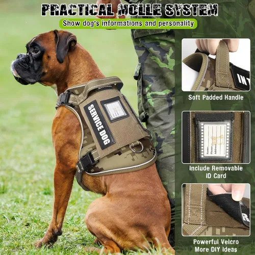 Miniatura 3 de Juego de arnés táctico para perros y correa para perros grandes, chaleco de perro de servicio resistente sin tirones y 10 parches con cinturón