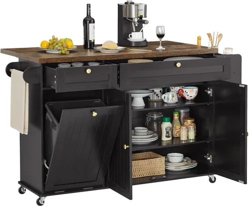 Isla de cocina de 60" con toma de corriente y hoja abatible, isla rodante de cocina con especiero y toallero, portacuchillos, carrito de isla de