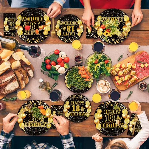 Miniatura 7 de Kepeel Juego de 96 piezas de vajilla para fiesta de cumpleaños número 18, decoraciones de fiesta de cumpleaños negro dorado Es Hora de Ser Adulto