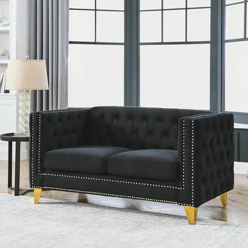 Sofá moderno Chesterfield de terciopelo de 58 pulgadas, respaldos tapizados con brazos de cabeza de clavo, sofá biplaza para sala de estar,