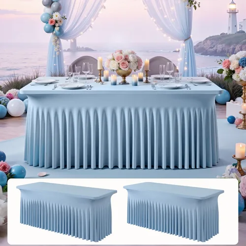 Miniatura 67 de Paquete de 2 manteles de elastano azul bebé de 6 pies con falda de mesa con volantes, manteles ajustables elásticos sin arrugas para mesas