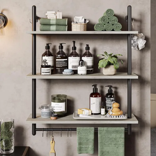 Miniatura 6 de Bestier Estantería Industrial de Tubería de 3 Niveles, Estantes Flotantes para Libros para Pared, Estantes Colgantes de Almacenamiento con Barra Gris