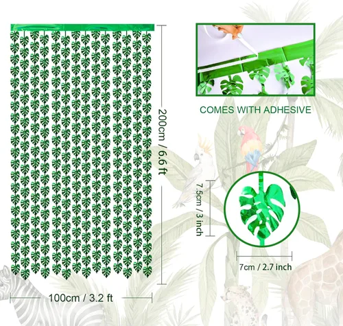 Miniatura 7 de Decoraciones tropicales para fiestas, paquete de 2 unidades de 3.3 x 6.6 pies, hojas de palmera tropicales verdes, cortina de flecos de hojas