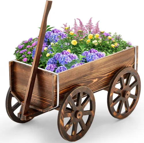 Beeveer Carro de madera para macetas de flores, caja de jardín con ruedas de carro, para decoración del hogar, jardín, balcón, exterior, patio,