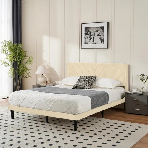 Miniatura 3 de Base de cama de plataforma de tamaño matrimonial con cabecera de terciopelo, borde de ala, listones de madera resistentes, sin ruido, no necesita