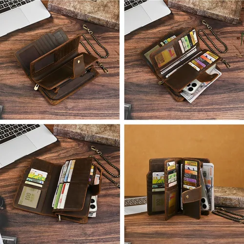 Miniatura 72 de Genuino Caballo Loco Cuero Regalo de Viaje Moneda Bolsillo Tarjetero Organizador Largo Cadena Rfid Cartera Monedero Con Broche Para Hombres Hombres