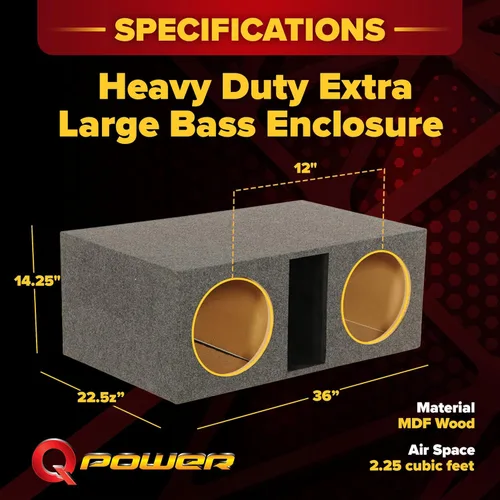Miniatura 3 de Q Power HD212VL - Caja de subwoofer con doble ventilación de 12 pulgadas, carcasa con puerto extra grande de 2 agujeros con frontal MDF de 1