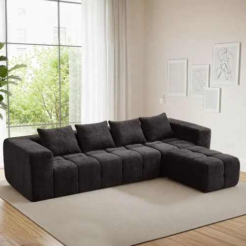 Miniatura 18 de Sofá modular sin hueso de 119 pulgadas para sala de estar, moderno sofá modular copetudo con asiento profundo y otomana móvil, sofá de felpilla