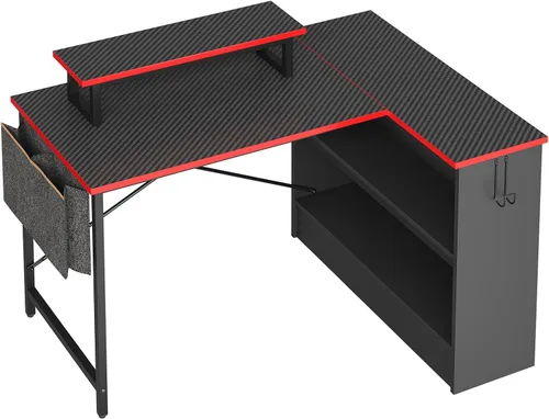 Miniatura 8 de Bestier Escritorio para juegos en forma de L con estantes de almacenamiento, escritorio de esquina reversible de 42 pulgadas con luces LED, mesa