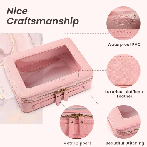 Miniatura 5 de Aveniee Organizador de bolsa de maquillaje transparente, bolsa de aseo de viaje para mujer, bolsa de cosméticos impermeable con cremalleras, Rosa