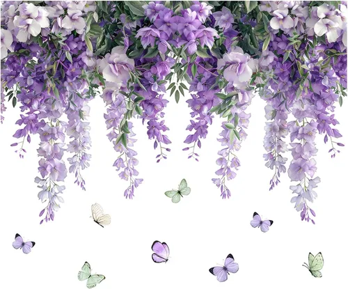 Miniatura 10 de Calcomanías de pared de rosas vívidas, calcomanías de pared florales de vid colgantes, calcomanías de mariposa, papel tapiz para despegar y pegar