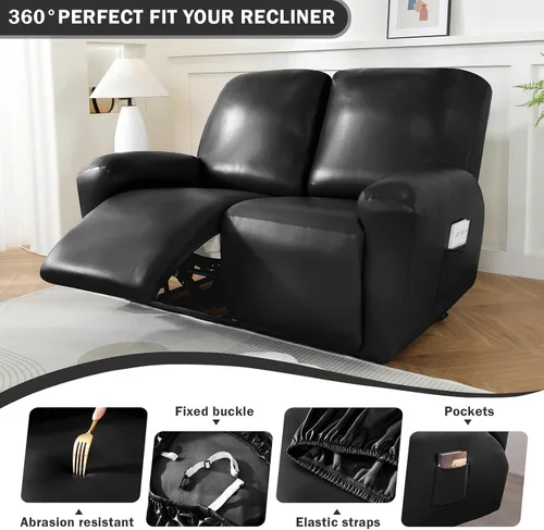 Miniatura 3 de Vctops - Funda elástica de 6 piezas para sofá biplaza reclinable, de cuero sintético impermeable, protector de muebles antideslizante con borde Negro