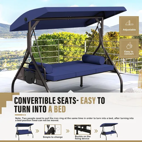 Miniatura 6 de Betterland Silla de columpio de 3 asientos para patio, columpio de porche al aire libre con cojines, almohadas y portavasos, columpio exterior Azul
