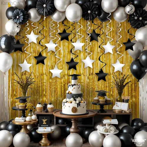 Miniatura 2 de KatchOn, Remolinos colgantes de estrellas negras y plateadas, paquete de 32, decoraciones de techo de estrella para cumpleaños, remolinos