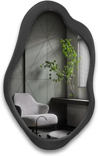 Miniatura 2 de Espejo de pared irregular de 42 x 28 pulgadas, espejo de pared con marco negro de madera, espejo de pared asimétrico ondulado para sala de estar