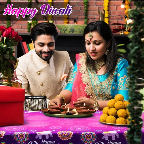 Miniatura 2 de Peryiter Happy Diwali Mantel desechable, mantel de plástico para mesas rectangulares, mantel Diwali para decoración de fiesta, celebración de luz