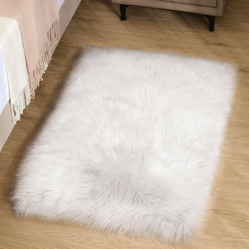 Miniatura 2 de Goolela Alfombra blanca esponjosa de piel sintética para dormitorio, alfombra de piel de oveja sintética de 2x3 pies, color blanco, alfombra peluda