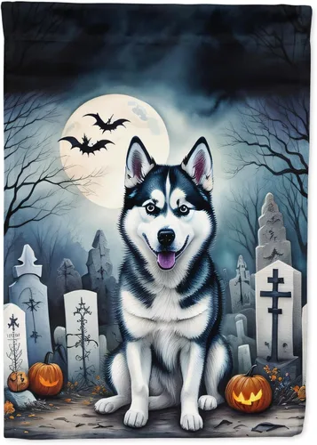 Caroline's Treasures DAC2055CHF - Bandera de casa de Halloween de Husky siberiano espeluznante con manga para porche, decoración exterior para Husky