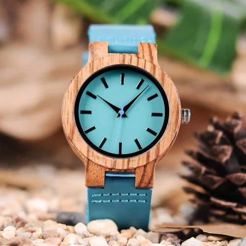 Miniatura 3 de BOBO BIRD Reloj de madera de bambú para hombre y mujer con correa de cuero de vaca azul, relojes casuales para el amor con caja