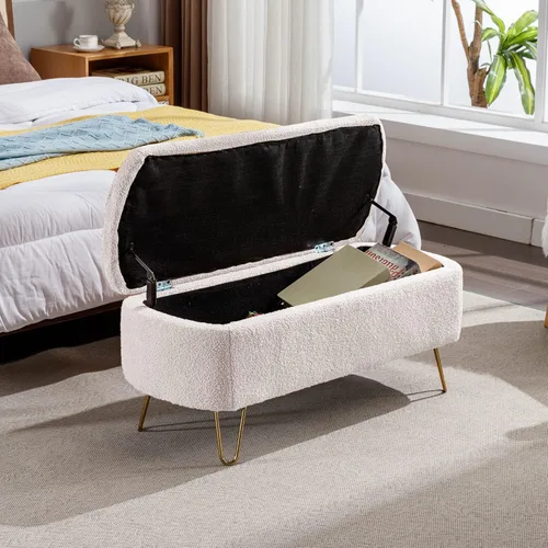 Miniatura 12 de Polibi Banco de almacenamiento, banco otomano de piel sintética con patas doradas, acolchado tapizado con almacenamiento para lado de la cama, Azul