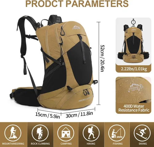 Miniatura 2 de IX INOXTO Mochila de senderismo, 26L/40L, impermeable, con vejiga de agua de 3 litros y cubierta de lluvia, ligera para viajes y campamento, Verde
