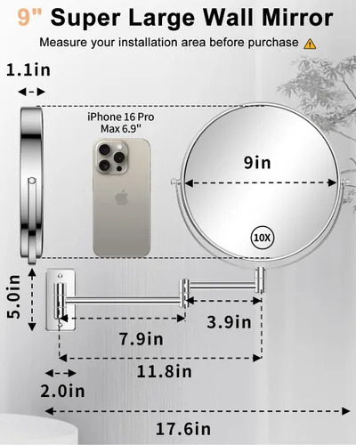 Miniatura 2 de Gospire Espejo de pared extra grande de 9 pulgadas con aumento 1X/10X, giratorio de 360° y extensible, acabado cromado pulido para tocador de baño