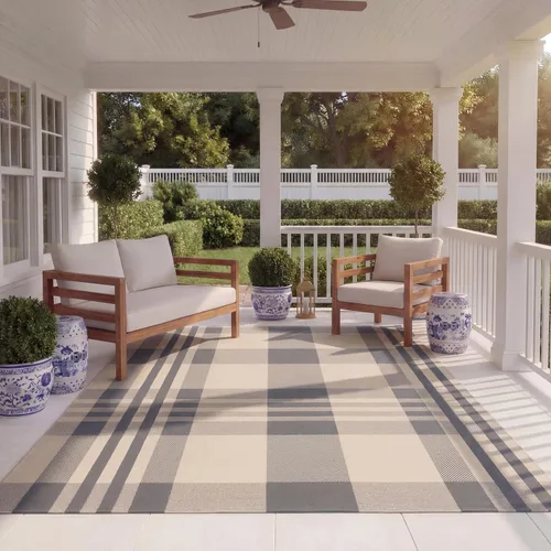 Miniatura 39 de SAFAVIEH Alfombra Lavable para Exteriores Colección Courtyard - 2'3" x 4', Beige y Azul, Patrón a Cuadros, No Desprende Pelusa y Fácil Limpieza
