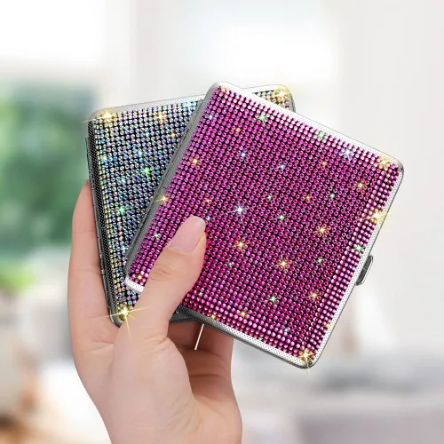 Miniatura 5 de SAVORI Estuche de cigarrillos para mujeres y hombres, soporte de cigarrillos de metal con cristales brillantes de doble cara, caja de cigarrillos AB