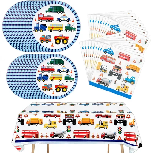 Carros de tráfico, camiones, suministros de fiesta, platos de papel, servilletas, mantel de transporte, juego de vajilla temática de vehículos de