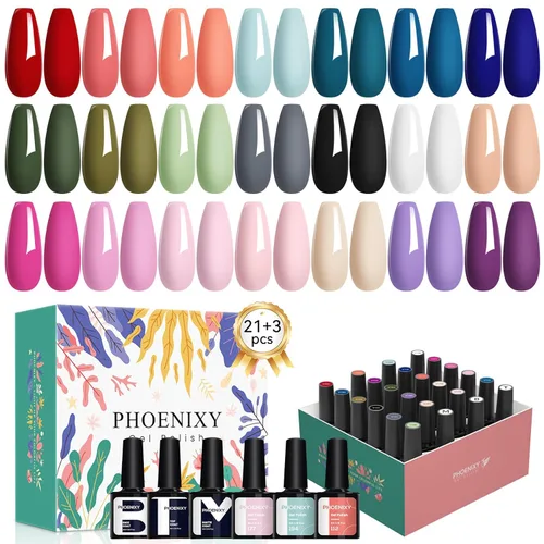 Miniatura 10 de phoenixy Juego de 24 esmaltes de uñas en gel, kit de uñas en gel removible de 21 colores, nude rosa rojo azul verde amarillo naranja, juego de 24