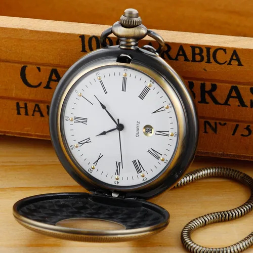 Miniatura 5 de Hollow Roman Digital Pocket Watch Cover para hombre, calendario romano Dial Reloj de bolsillo de cuarzo para hombre con cadena