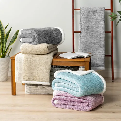 Miniatura 8 de Manta de sherpa melange premium para sofá y sillón de Pavilia Suave, esponjosa, mullida, cálida, acogedora Gris claro, ligera, de microfibra