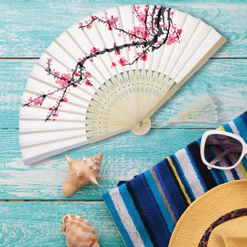 Miniatura 5 de Hotop 2 abanicos de mano plegables de seda con marcos de bambú para mujeres, color rosa y azul, portátil, artesanías chinas para bailar, accesorios