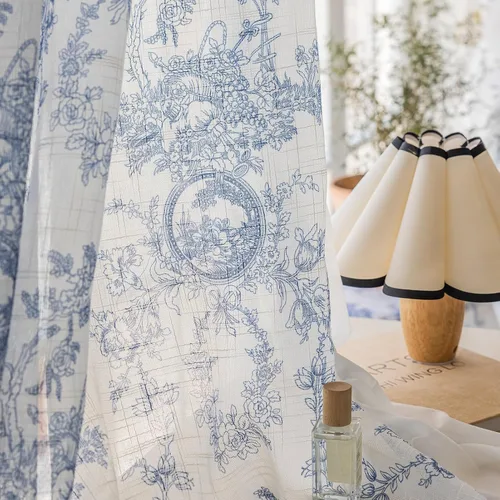 Miniatura 16 de SUOUO Cortinas blancas semitransparentes con hojas azules para dormitorio, comedor, sala de estar, lino texturizado de 84 pulgadas de largo