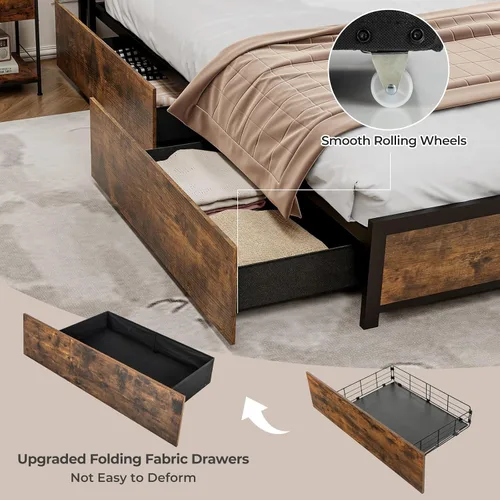 Miniatura 7 de Giantex Base de cama Queen con cabecero de luces LED y 4 cajones de almacenamiento, plataforma de metal con enchufes y puertos USB, estación