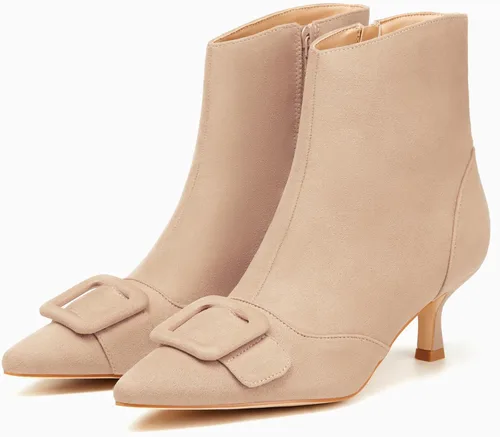 Miniatura 4 de Coutgo Botines de tacón de gatito para mujer, puntera puntiaguda, cremallera lateral, hebilla cuadrada, botines de invierno