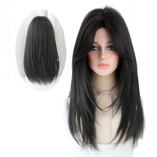 Miniatura 7 de Peluca larga negra con flequillo, peluca de cabello natural para mujer, peluca de cosplay (negro, 25 pulgadas)