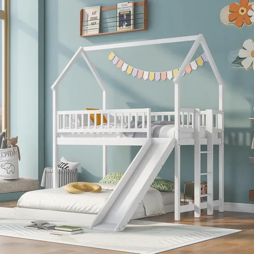 Miniatura 33 de Litera de casa individual sobre cama individual con tobogán convertible y nido, litera de madera maciza con techo y ventana para niños, verde-blanco