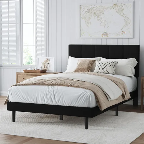 Miniatura 3 de Base de cama de plataforma de terciopelo de tamaño matrimonial con cabecera tapizada y soporte de listones resistentes, diseño con botones,