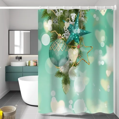 Miniatura 2 de Cortina de ducha de Feliz Navidad para baño, Nochebuena, Año Nuevo, arte bokeh verde, juego de cortina de ducha moderna de Navidad, cortina de ducha