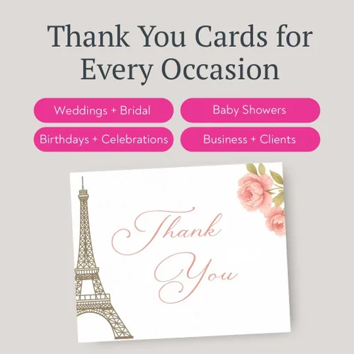 Miniatura 3 de Merci Thank You Cards - Notas de la Torre Eiffel, notas temáticas francesas con sobres (24 unidades)