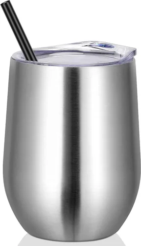 Miniatura 15 de VEGOND - Vaso de vino de acero inoxidable de 12 onzas con tapa y popote, vaso de vidrio de vino aislado de doble pared sin tallo, taza de café