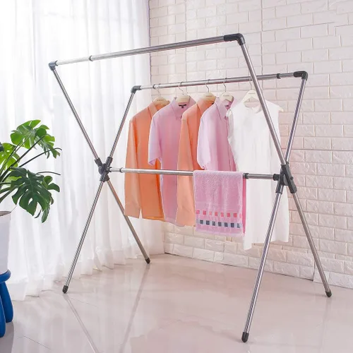 Miniatura 6 de BAOYOUNI Estante plegable de secado de ropa de acero inoxidable con doble poste, barras expandibles, ahorro de espacio, retráctil, resistente