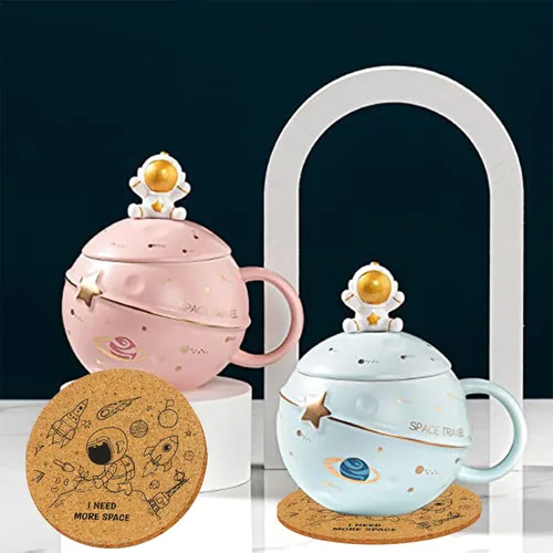 Miniatura 8 de Yalucky Taza Kawaii de astronauta con diseño de planeta en relieve del espacio, bonita taza de café de cerámica, taza novedosa con tapa y cuchara