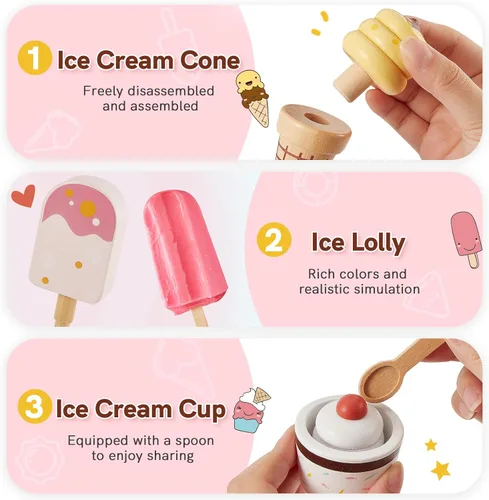 Miniatura 4 de HERSITY - Mostrador de Helado de Madera para Juego Simulado de Comida para Niños de 3 a 5 años, Juego de Tienda de Helados y Paleta de Juguete